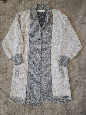 Cozy Gray Two-Tone Open Front Duster Long Cardigan Knit Sweater Lantern Sleeve